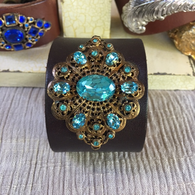 Made in the Deep South - Brown Leather Cuff - Aqua Fire